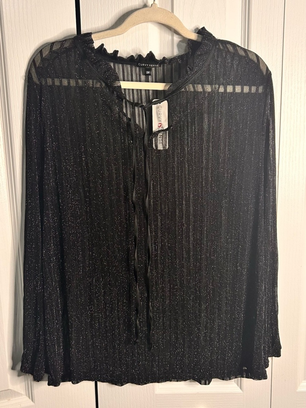 Curvy Sense Women’s 2X Black‎ Metallic Sheer Tie-Neck Tassel Blouse NWT